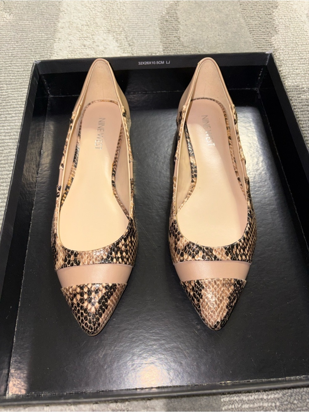 Nine West Snake-Print Pointed Toe Flats in Tan and Black